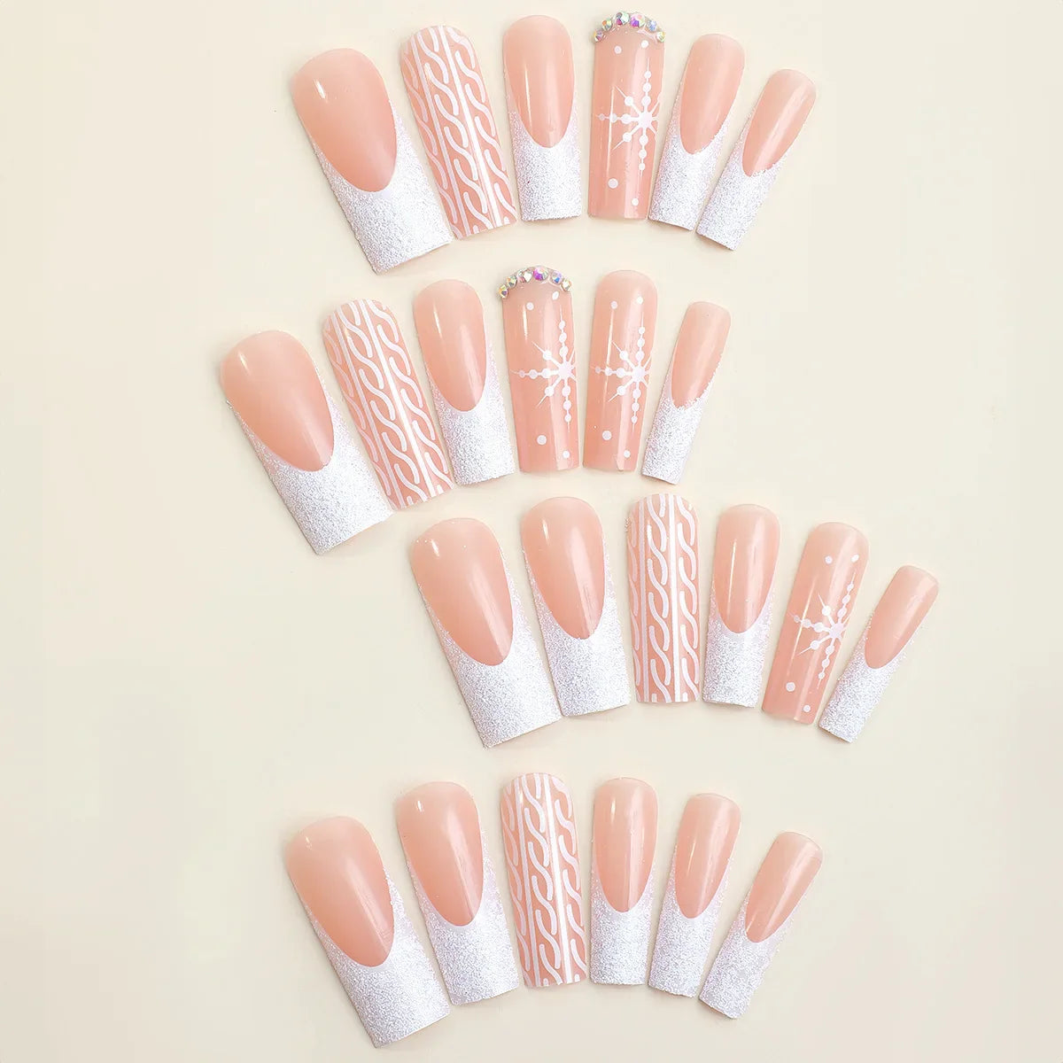 Long Stiletto Black French Fake Nails for Women Christmas Party Nude Color Press On Nails Black/White Snowflake Printed Nail Art