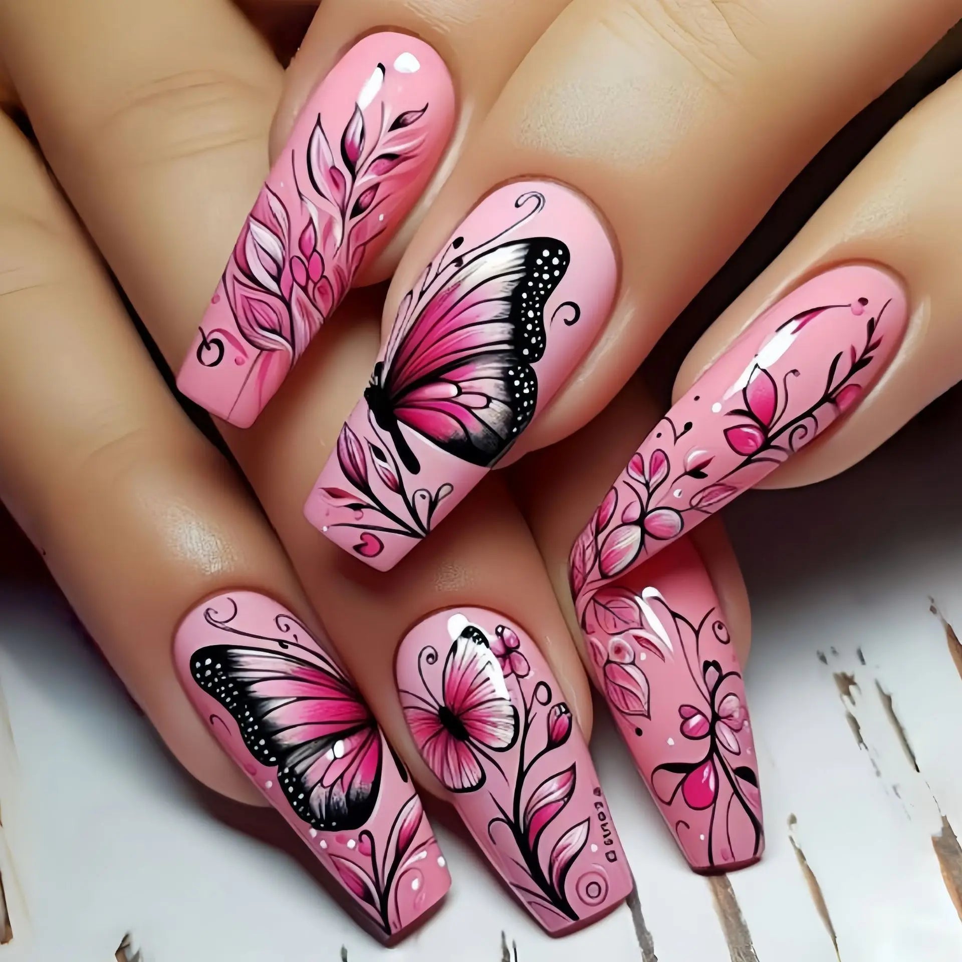 24pcs/set Medium long fake nails Gradient blue ocean fish sun flowers butterfly square ballet summer tips press on false nail