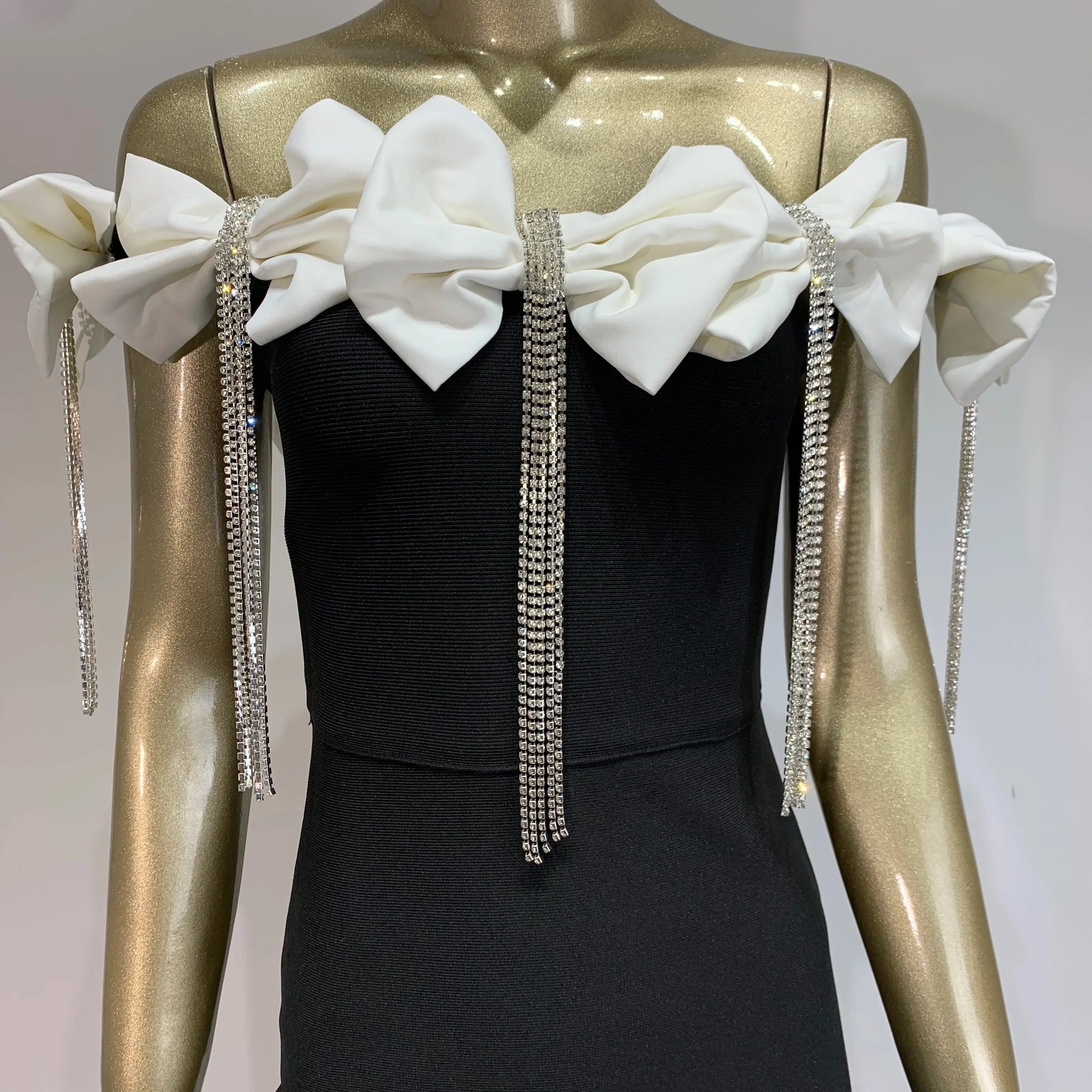 Women Celebrity Sexy Off Shoulder Flower Diamonds Black Bow Tie Maxi Long XL Bandage Dress Elegant Evening Club Party Dress