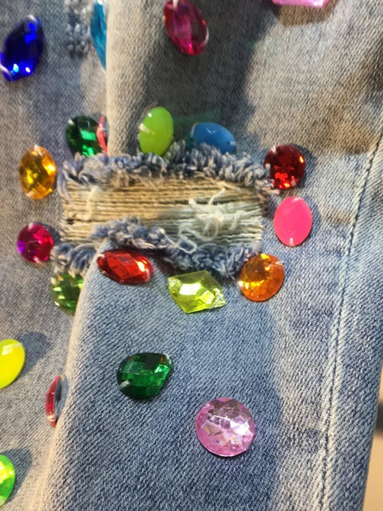 Women's Jeans Diamond Studded Beads Broken Hole Tassel High Waist Loose Denim Long Pants Autumn Fashion