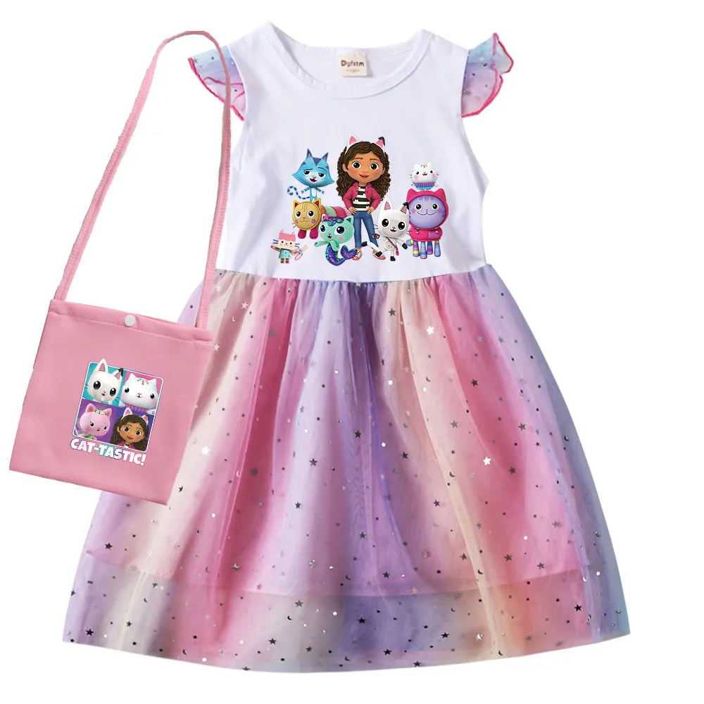 Adorable Cartoon Gabby Cats Fly Sleeve Baby Girl Dress with Bag and Headband Kids Gabby's Dollhouse Cosplay Costume J2pcs