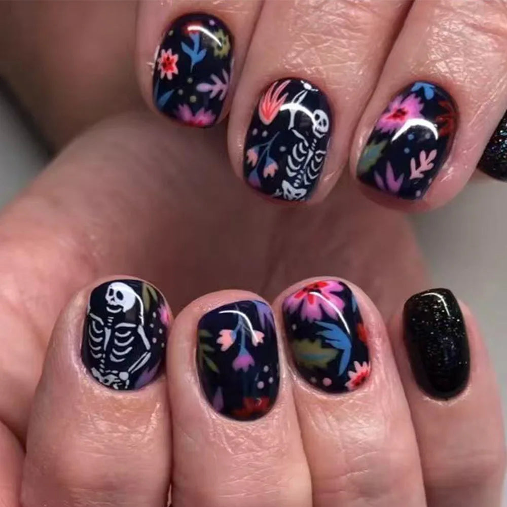 24Pcs Short Square False Nails Dark Forest Castle Design Press on Fake Nails Halloween Reusable Artificial Full Cover Nails Tips