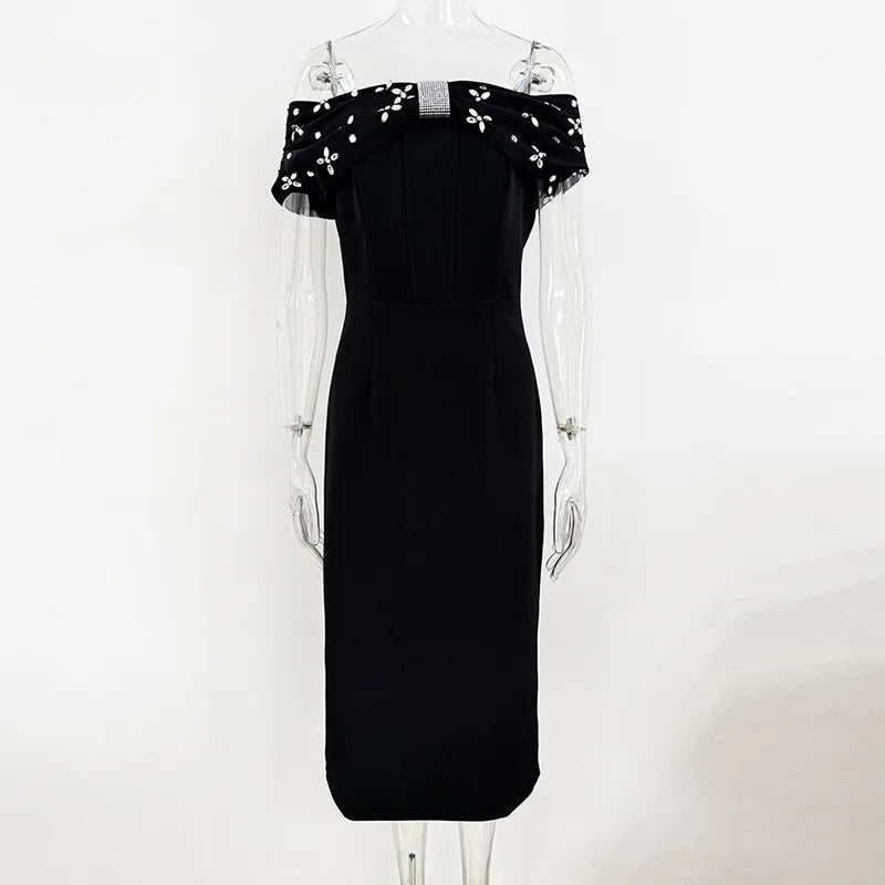 TWOTWINSTYLE Solid Slimming Spliced Bead Elegant Dresses for Women Slash Neck Short Sleeves Temperament Dress Female Fashion New