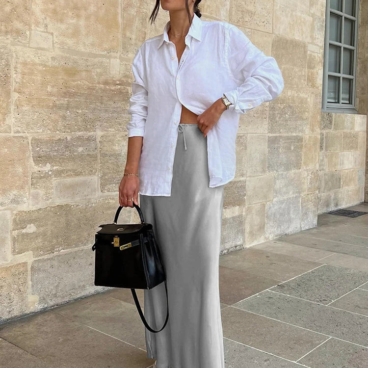 Mnealways18 Gray Drawstring Mermaid Satin Skirts Women Spring Summer Silky Ankle-Length Skirts Office Ladies Midi Skirts