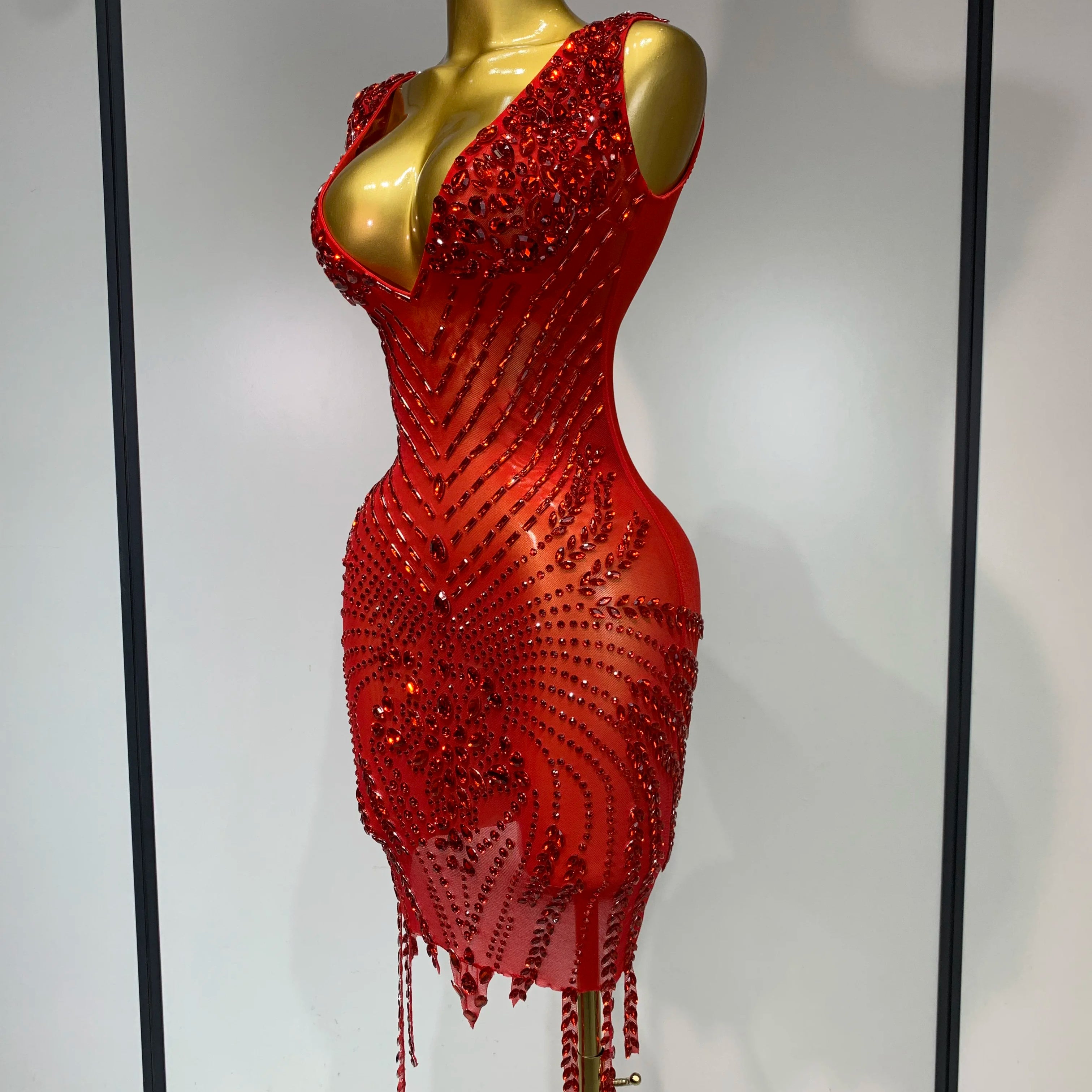 Sparkly Rhinestone Mesh See Through V Neck Dress Women Sexy Performance Stage Costume Evening Party Club Luxury Birthday Outfit