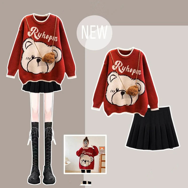 Winter Warm Lucky Red Sweater Pleated Mini Skirts 1 or 2 Piece Set Women Cute Bear Knit Pullover Skirt Outfits Top with Bag Red Black Set