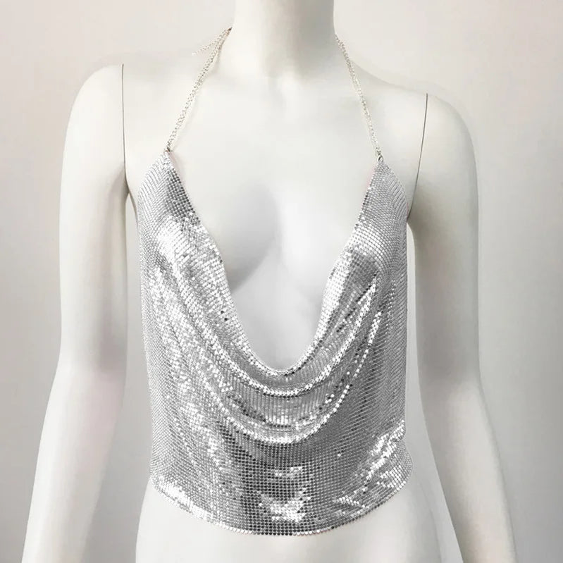 Sexy Rhinestone Backless Party Crop Top Women Glitter Turtleneck TShirt Adjustable Metal Chain Summer Nightculb Diamond Tank Top Sliver color
