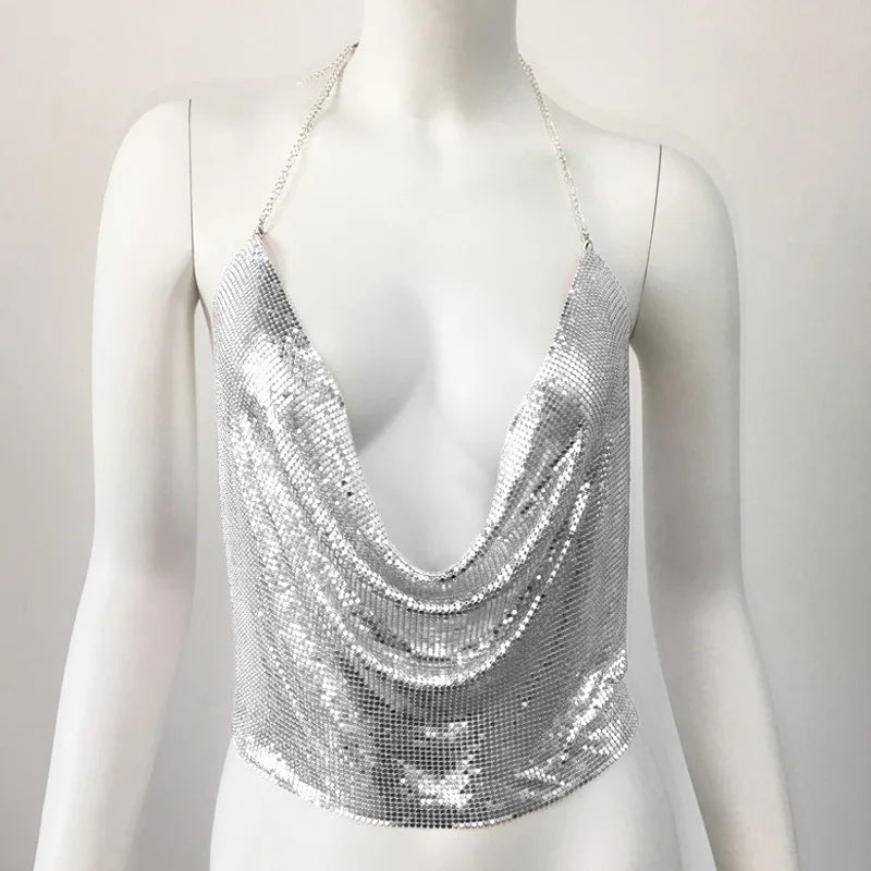 Sexy Rhinestone Backless Party Crop Top Women Glitter Turtleneck TShirt Adjustable Metal Chain Summer Nightculb Diamond Tank Top Sliver color