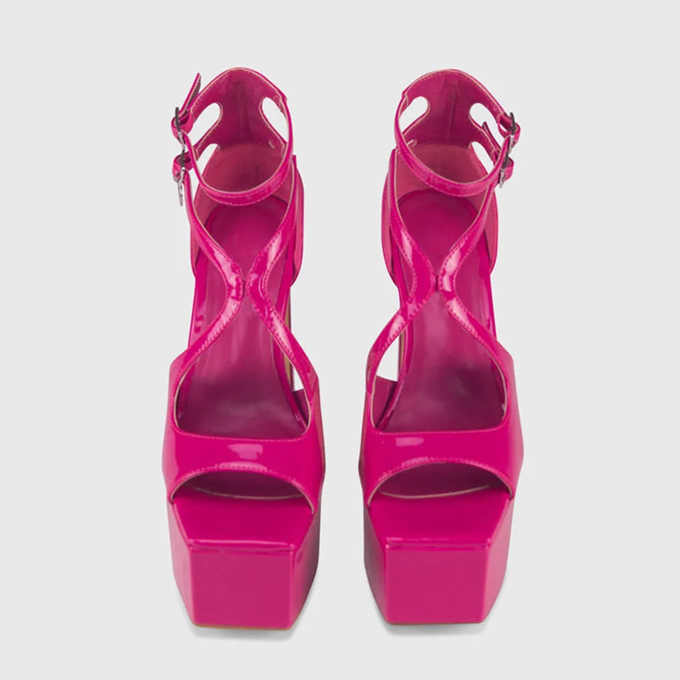 Women color patent leather sandals thick wedge block high heel lady sexy party luxury shoes