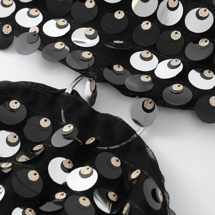 Sexy Sequined Evening Dress Women Long Sleeve O Neck Slim Backless Fashion Mini Dresses Party Hallow Out Ferrule Robe