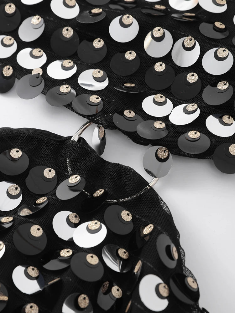 Sexy Sequined Evening Dress Women Long Sleeve O Neck Slim Backless Fashion Mini Dresses Party Hallow Out Ferrule Robe