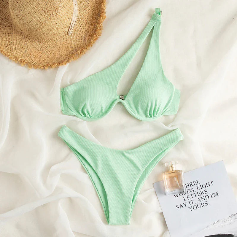 Sexy Push Up Bikini Set Women Cut Out Swimsuit Summer One Shoulder Swimwear Female Bathing Suit Beachwear Lady High Waist Bikini green