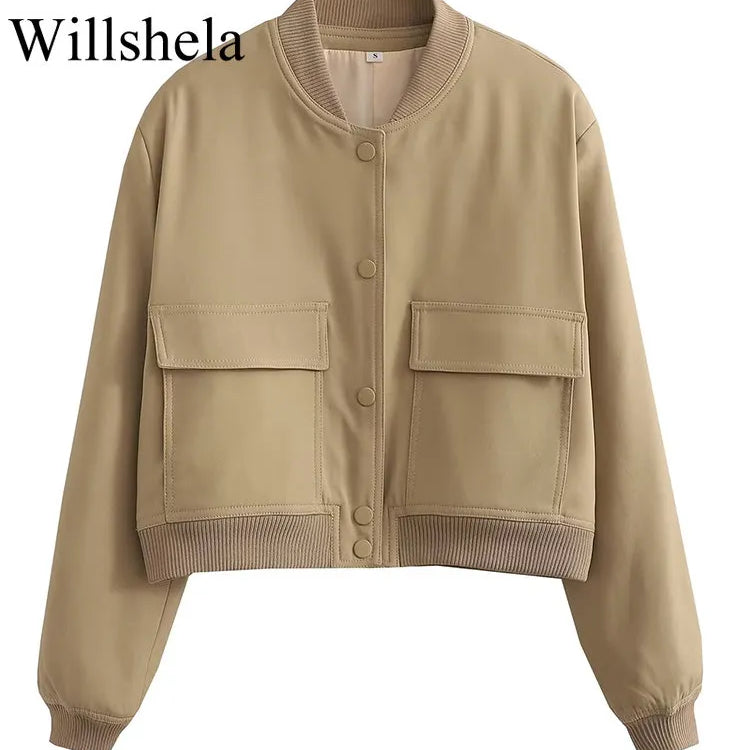 Women Fashion Solid Bomber Jackets Coat With Pockets V-Neck Single Breasted Long Sleeves Female Chic Lady Outfits