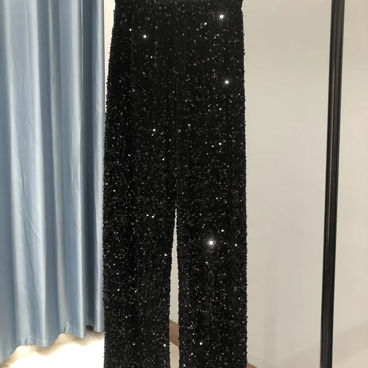 Y2k Pants Woman Elastic Waist Sequins Wide Leg Trousers Shiny Full Length Straight Female High Street black