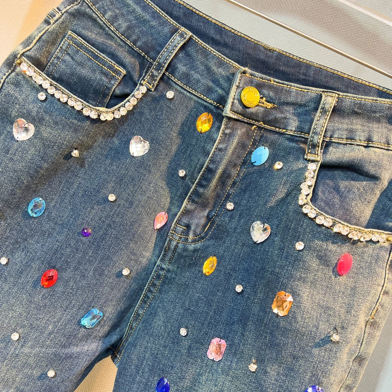 Exquisite Rhinestone Beaded Black Bell-Bottom Pants Women's Autumn Winter Jeans High Waist All-Matching Denim Blue Pants