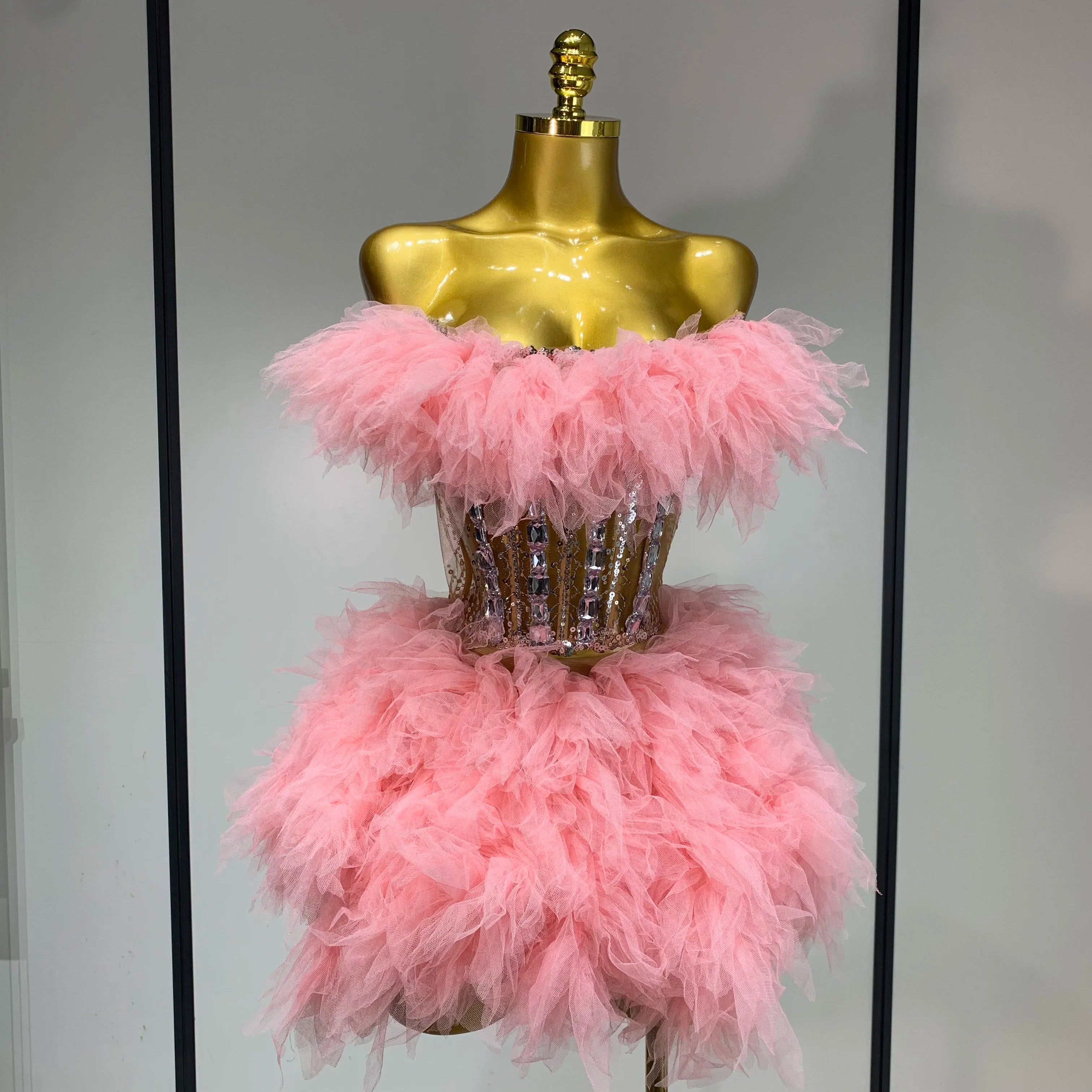 Women Sexy Strapless Mesh Two Pieces Set Celebrity Nightlcub Party Photo Shoot Outfit 2025 Prom Gown Luxury Birthday Dresses