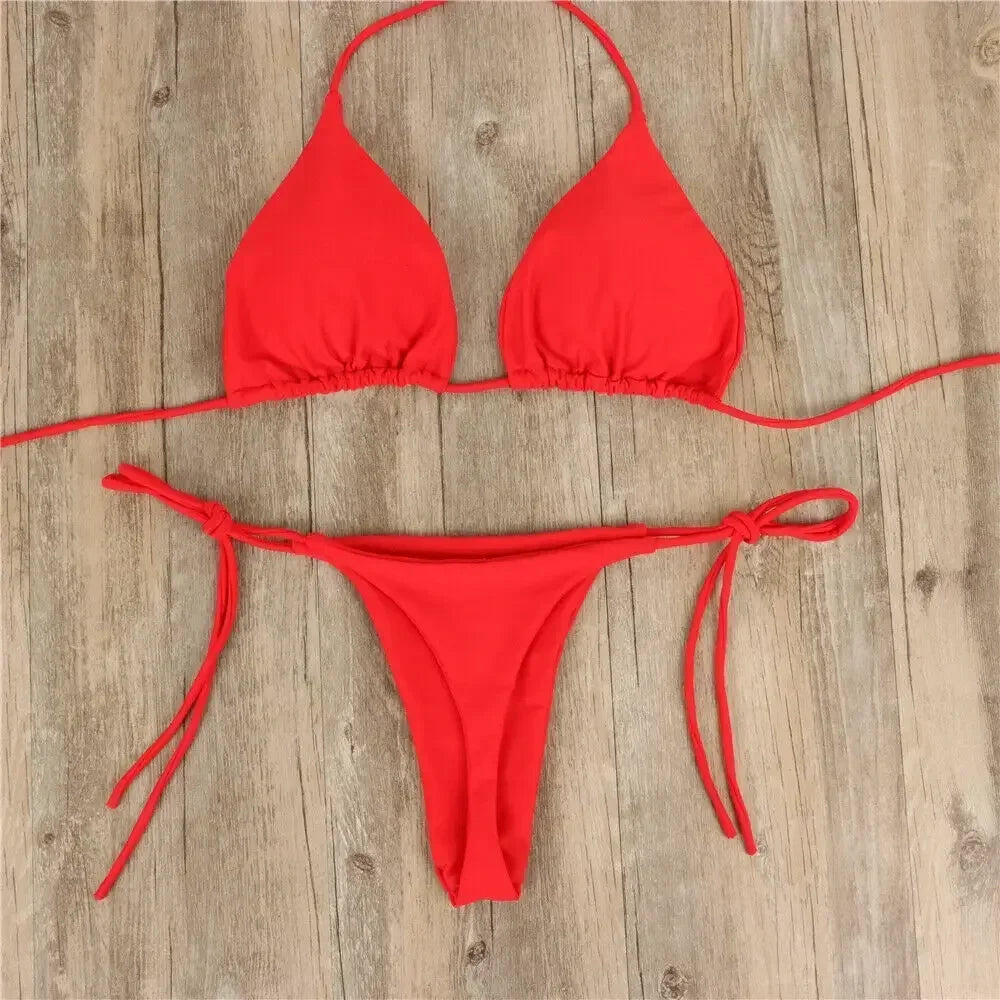 2 Pcs/Set Bikini Set Sexy Bikinis Solid Color Halter Neck Strap Thong Swimwear Bathing Suit Women Swimsuit Set for Beach Red
