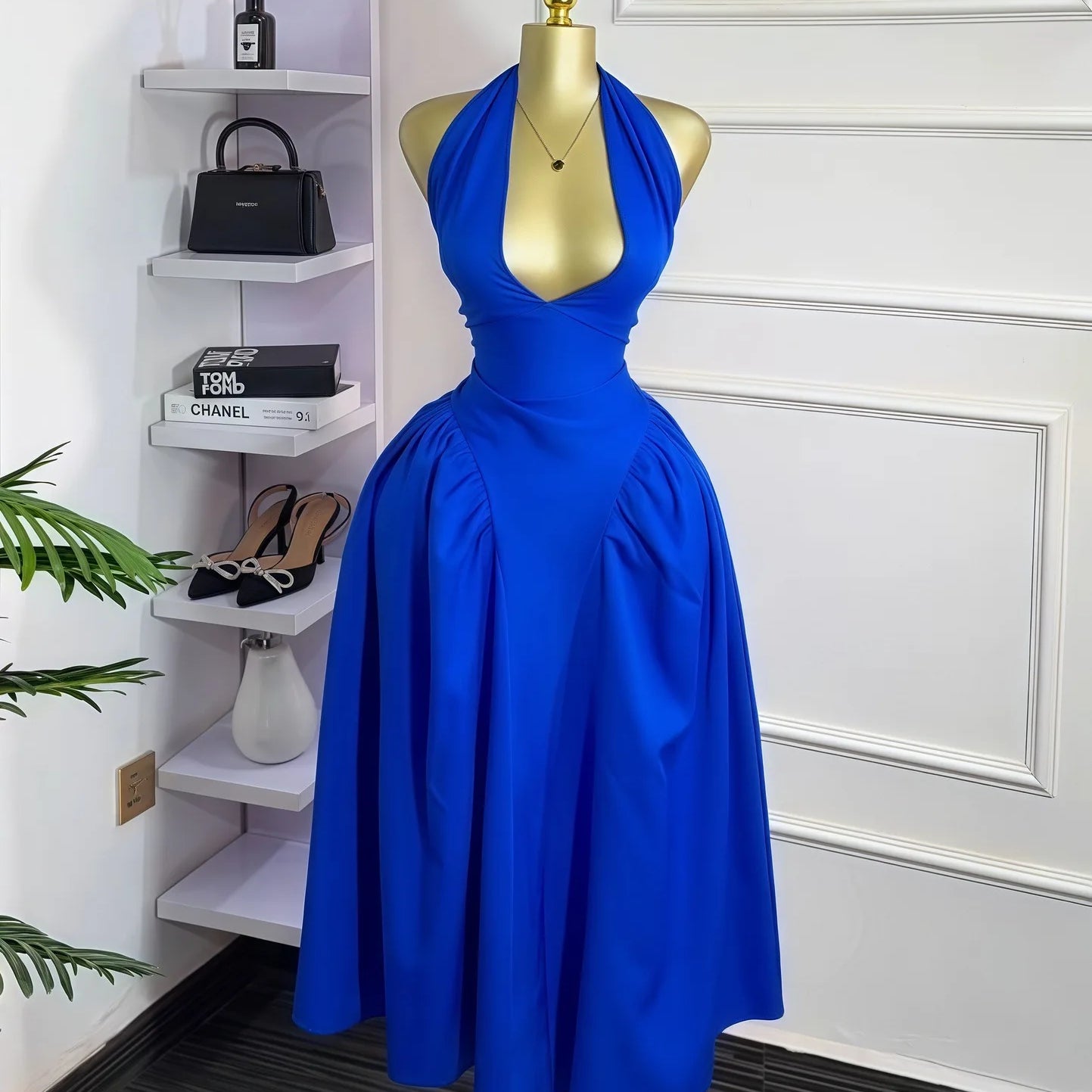 CM.YAYA Women Halter V-neck Backless Sleeveless Big Swing Bodycon Mid Maxi Long Dress 2025 Vacation Sexy Party Evening Dresses