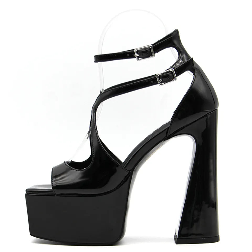 Women color patent leather sandals thick wedge block high heel lady sexy party luxury shoes