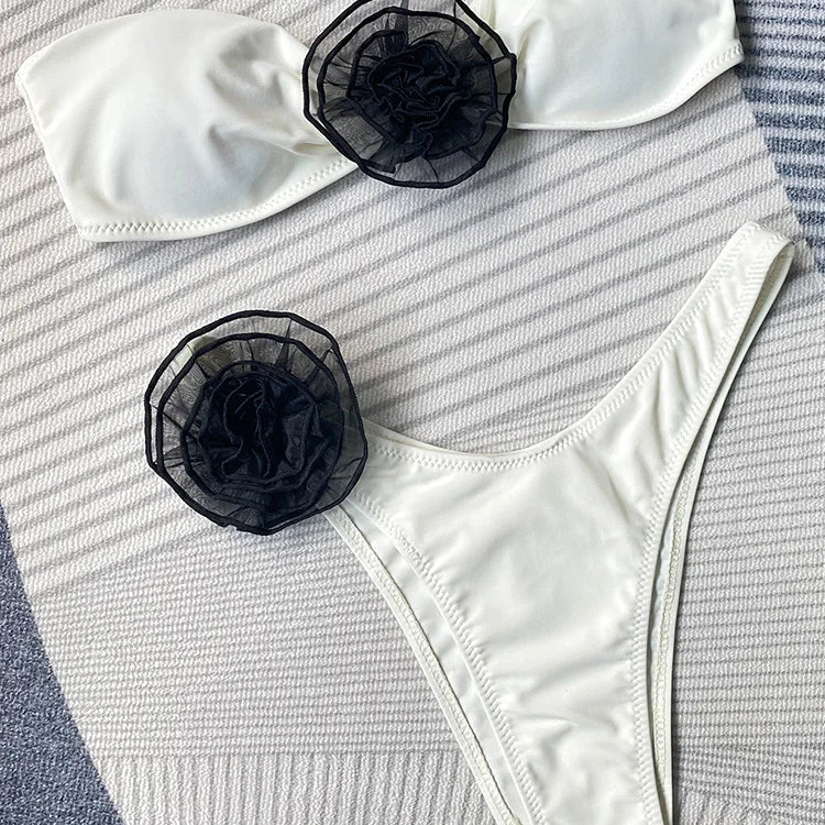 3D Flowers Brazilian Strapless Bandeau Bikini Female Swimsuit Women Swimwear Two-pieces Bikini Set High Cut Bathing Suit Swim B888White