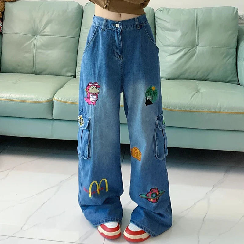 American Pink Cartoon Embroidered Baggy Cargo Mom Jeans for Women Spring New Waist Slimming Wide Leg Pants Trousers Female