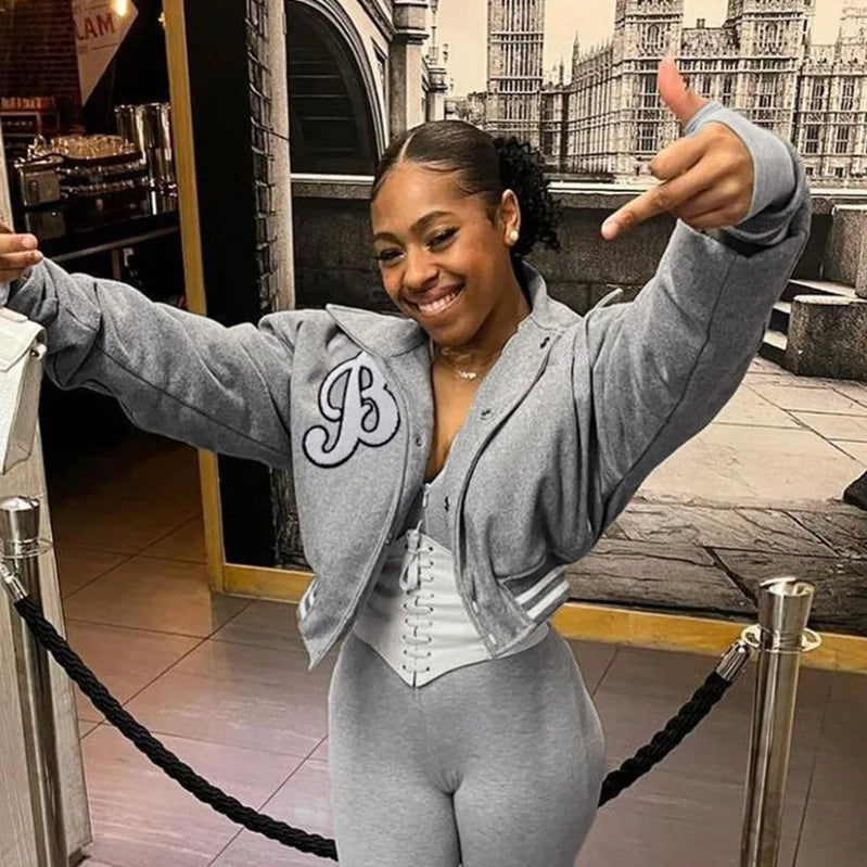 Baseball Jackets Women Single Breasted Letter Hip Hop Streetwear Crop Top Varsity Bomber Jackets Casual College Coats Pink