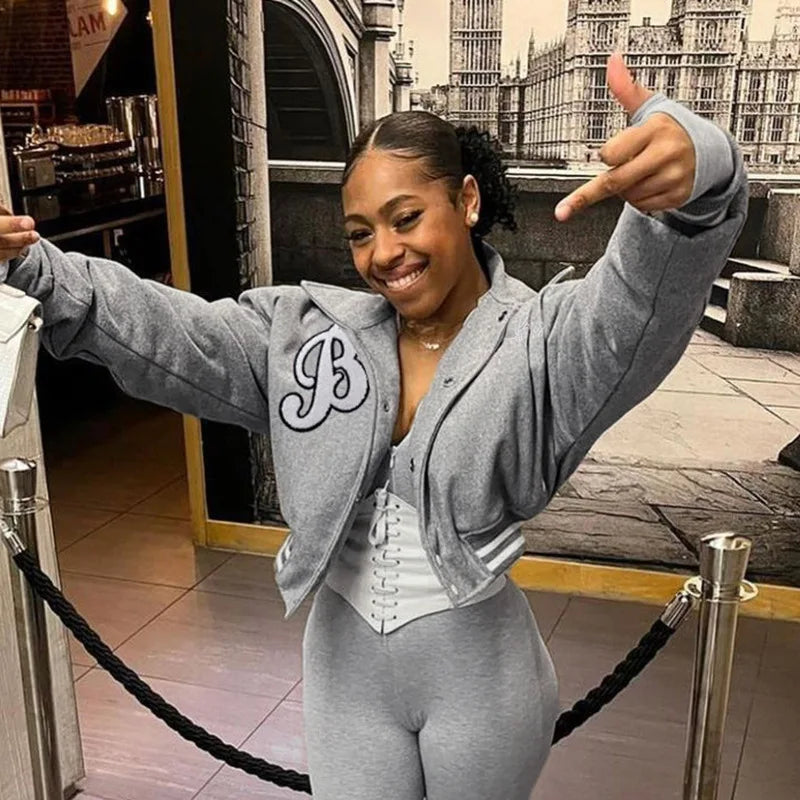 Baseball Jackets Women Single Breasted Letter Hip Hop Streetwear Crop Top Varsity Bomber Jackets Casual College Coats Pink