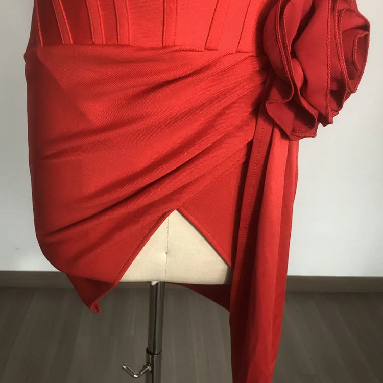 Women Celebrity Sexy Short Sleeve Red Flower Mini Flower Bodycon Bandage Dress 2025 Elegant Evening Club Party Outfit