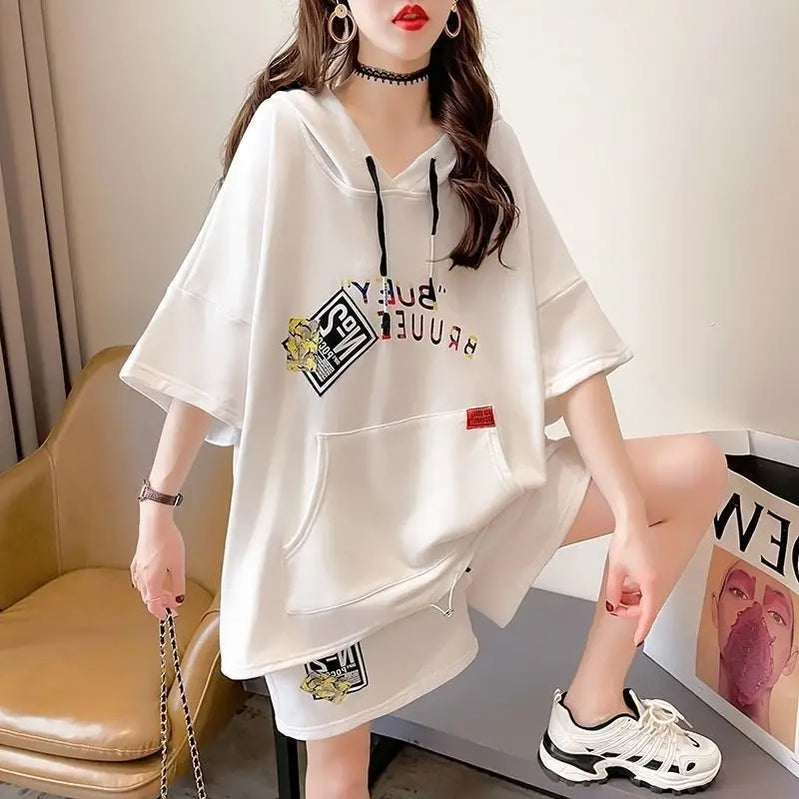 Women's Casual Suit 2025 Summer New Large Cotton Hooded Short-Sleeved Tops And Shorts Two Piece Set Household Plus Size Clothing