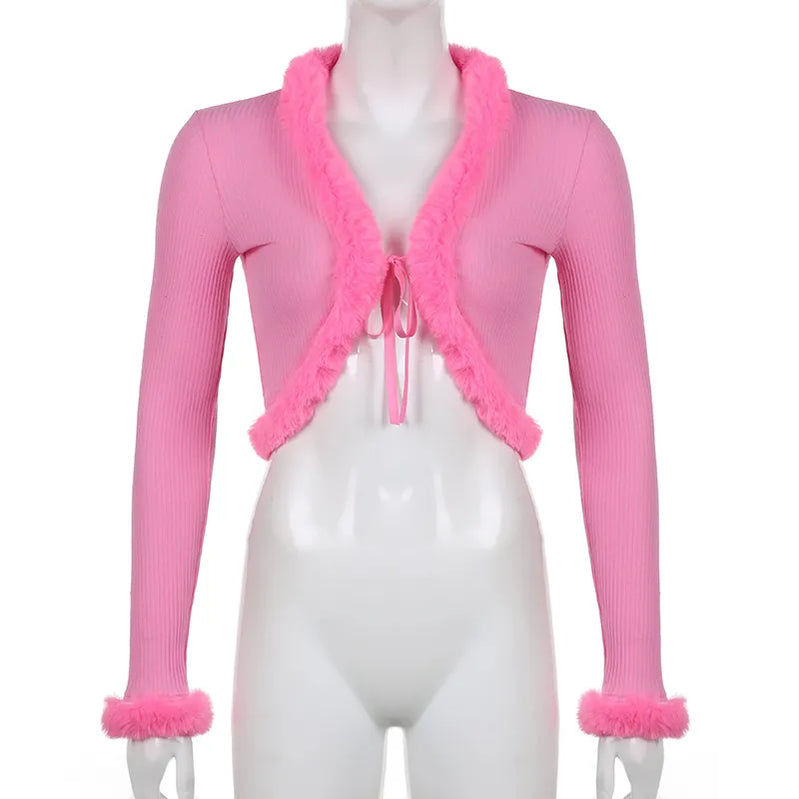 Women's Y2k Cropped Cardigan Sweater Long Sleeve V-Neck Faux Fur Trim Tie-up Crop Top Open Front Knitted Coat Vintage Streetwear pink