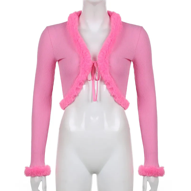 Women's Y2k Cropped Cardigan Sweater Long Sleeve V-Neck Faux Fur Trim Tie-up Crop Top Open Front Knitted Coat Vintage Streetwear pink
