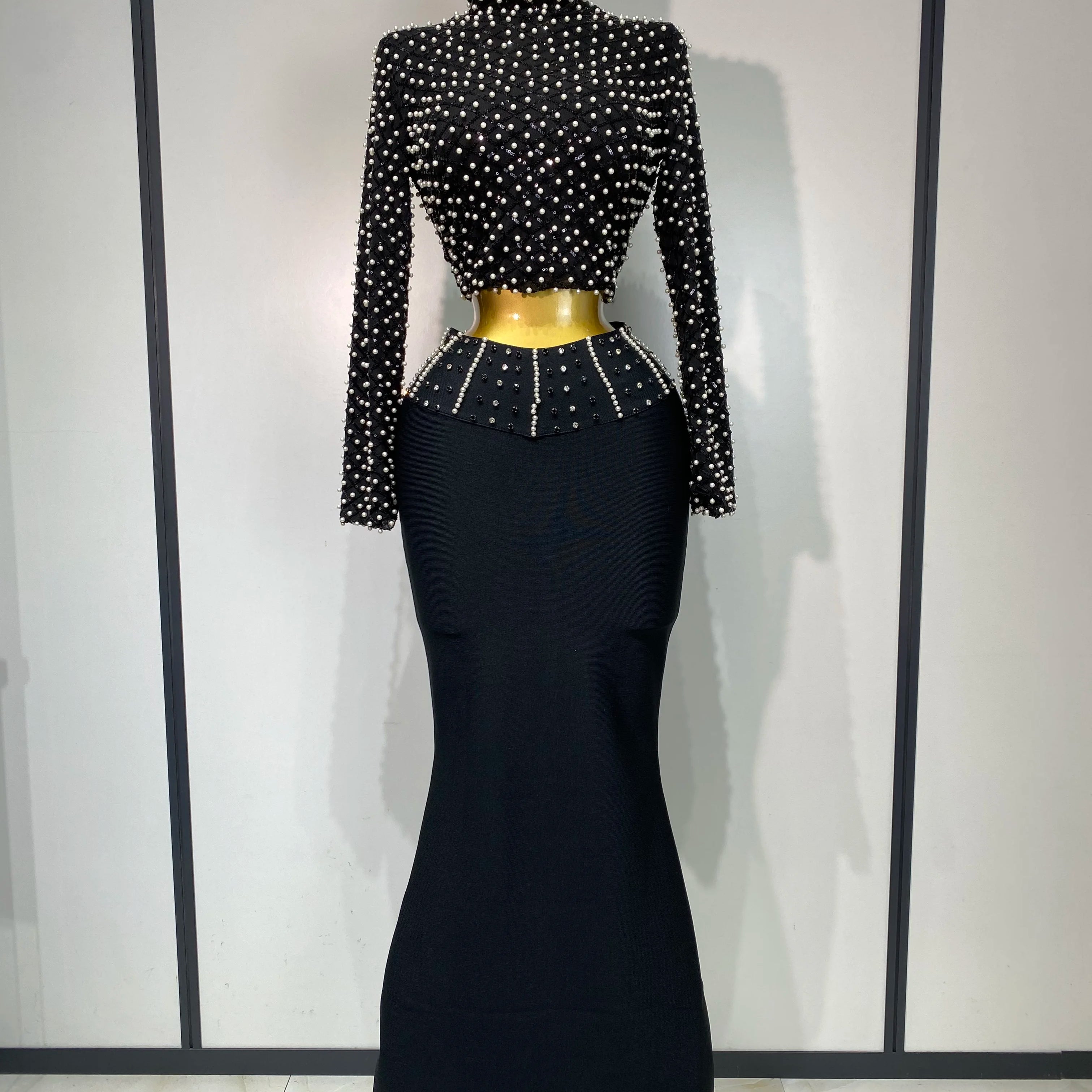 Women Long Sleeve Black Mesh Studded Dianonds Crystal Pearl Two Pieces Bandage Set Celebrity Sexy Evening Party Birthday Gown