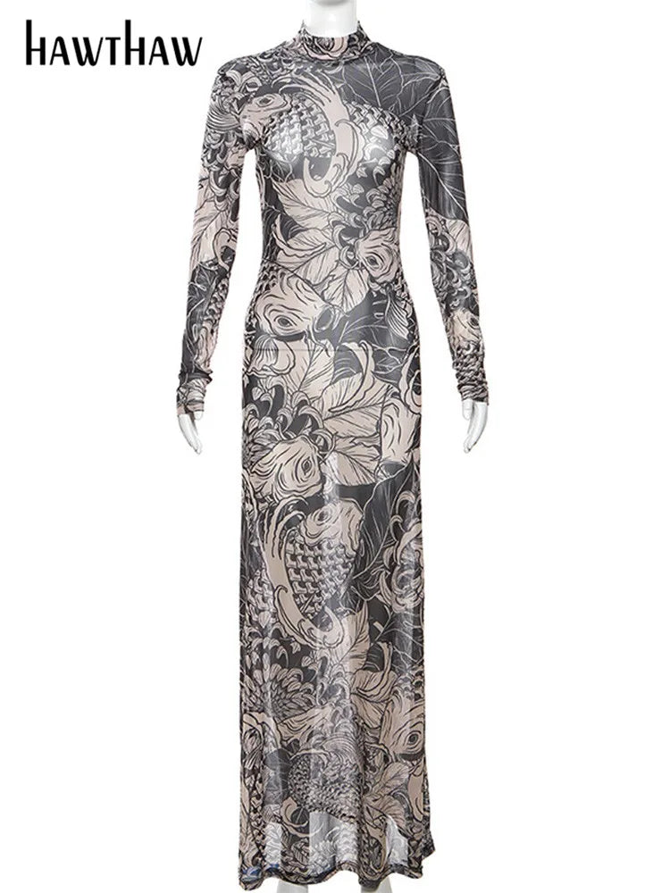 Women Autumn Winter Long Sleeve Mesh See Through Streetwear Bodycon Long Dress