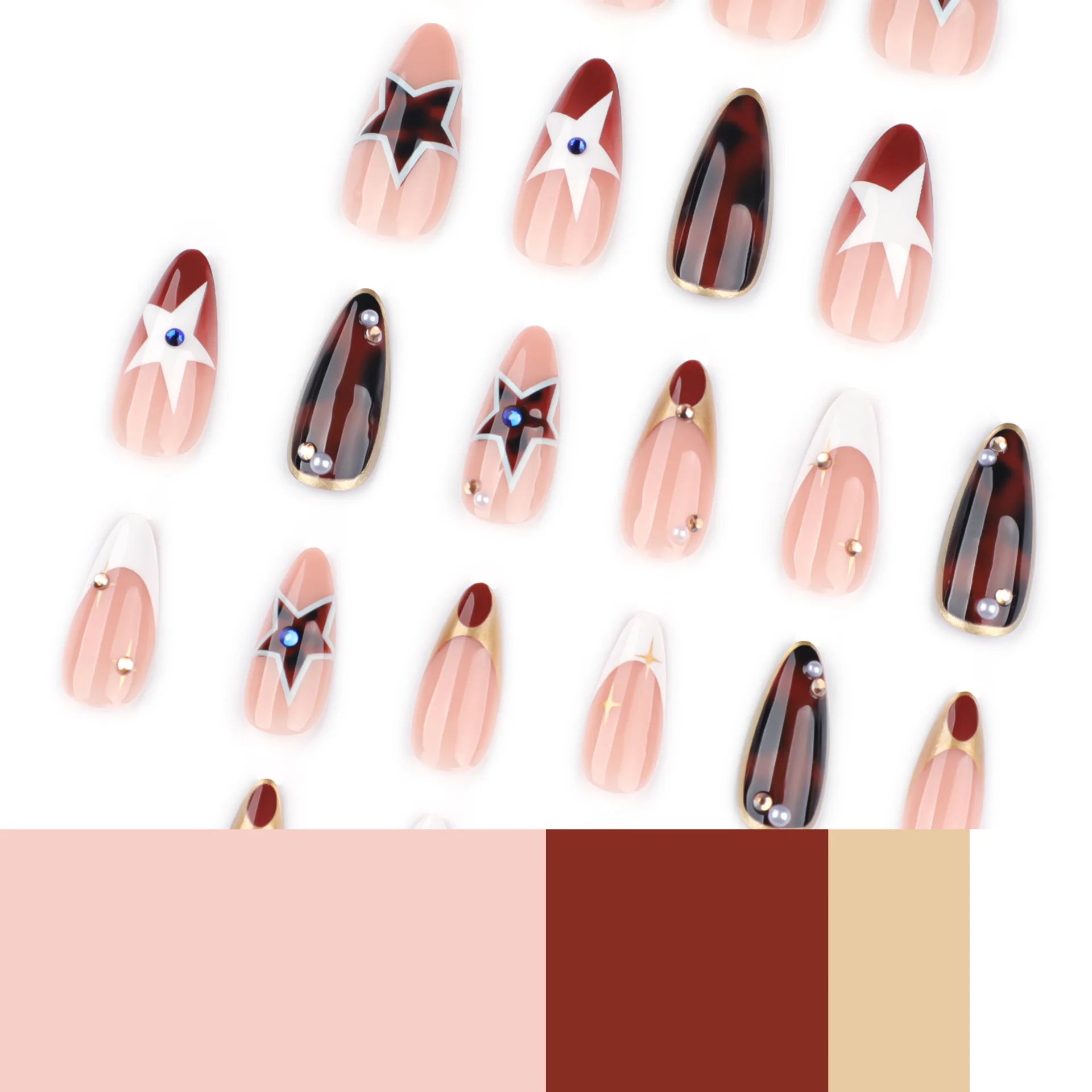 Autumn Brown French Press On Nails, 24Pcs Y2K Girls Wearable Fake Nails Star Printed, Spicy Girls Charm Manicure Diamond Decor