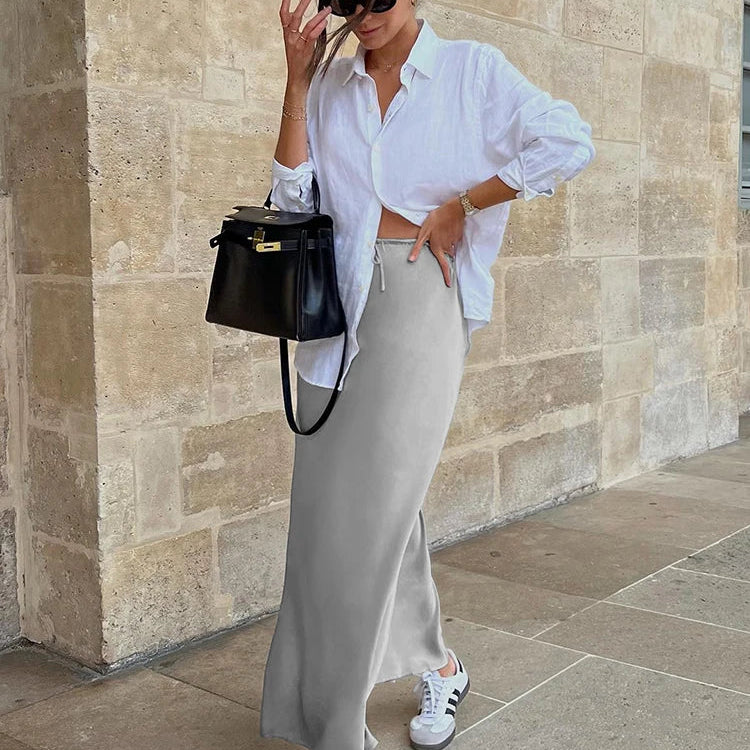 Mnealways18 Gray Drawstring Mermaid Satin Skirts Women Spring Summer Silky Ankle-Length Skirts Office Ladies Midi Skirts