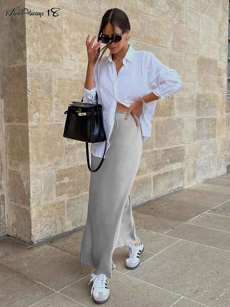 Mnealways18 Gray Drawstring Mermaid Satin Skirts Women Spring Summer Silky Ankle-Length Skirts Office Ladies Midi Skirts