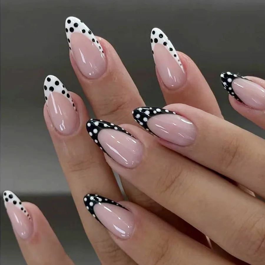 24Pcs Black White French Nails Set Press on Simple Polka Dot Full Cover Fake Nails Tips Mid-length Almond Detachable False Nails