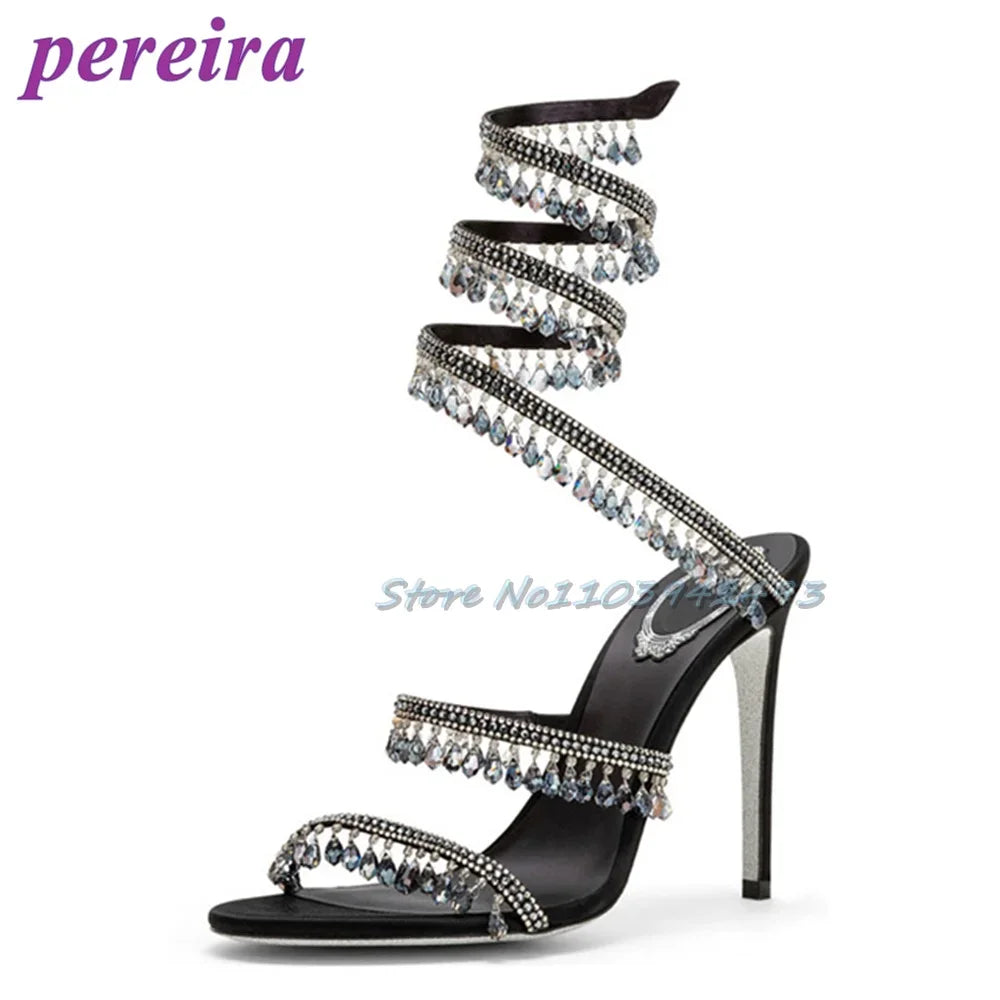 Snake-Shaped Heeled Sandals Open Toe Rhinestones Tassel High Heels Winding Pendant Designer Shoes Women Luxury Summer Dress 2025