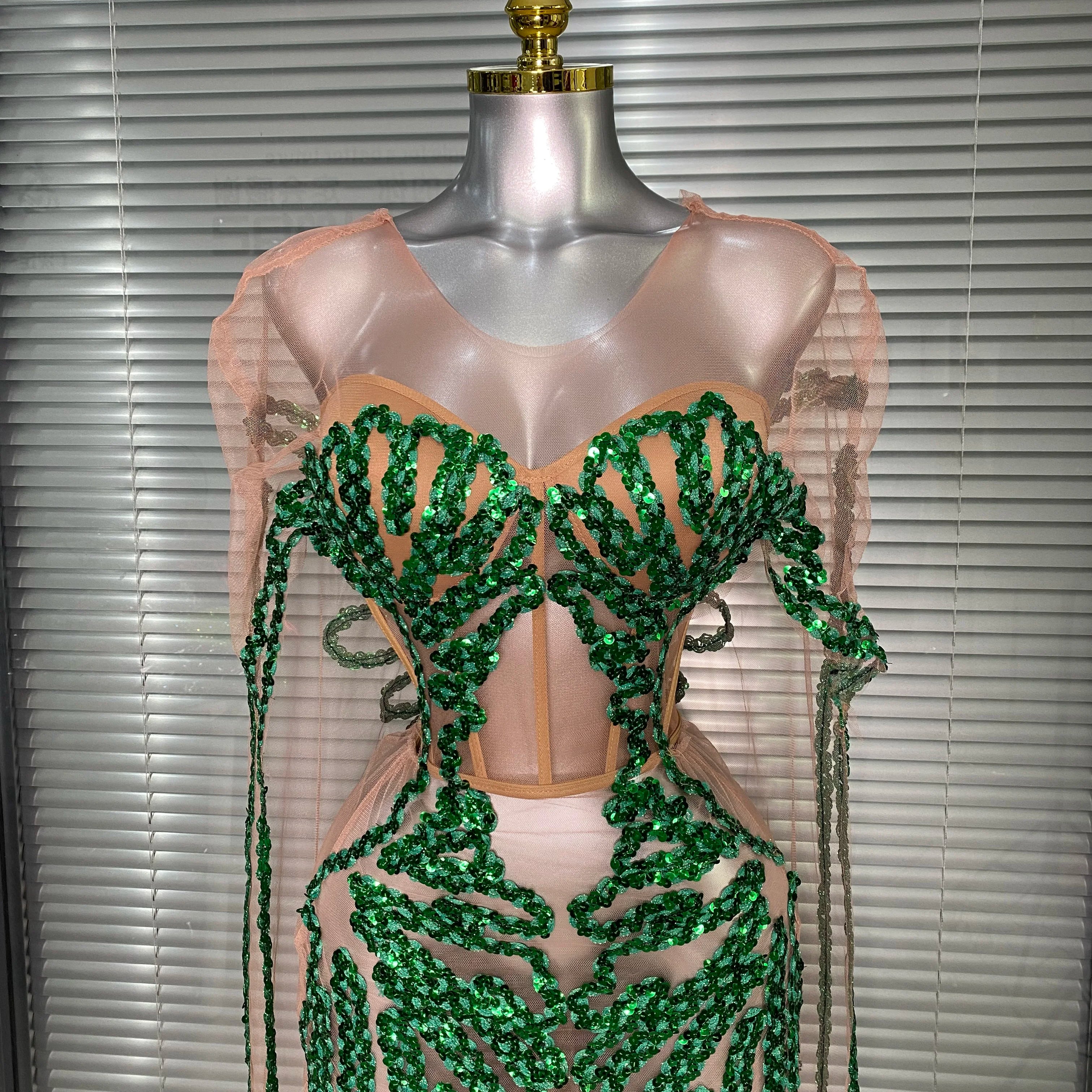New Women Sexy Mesh Sheer Sequins Green Maxi Dress See Through Party Costume Stage Performance Dress