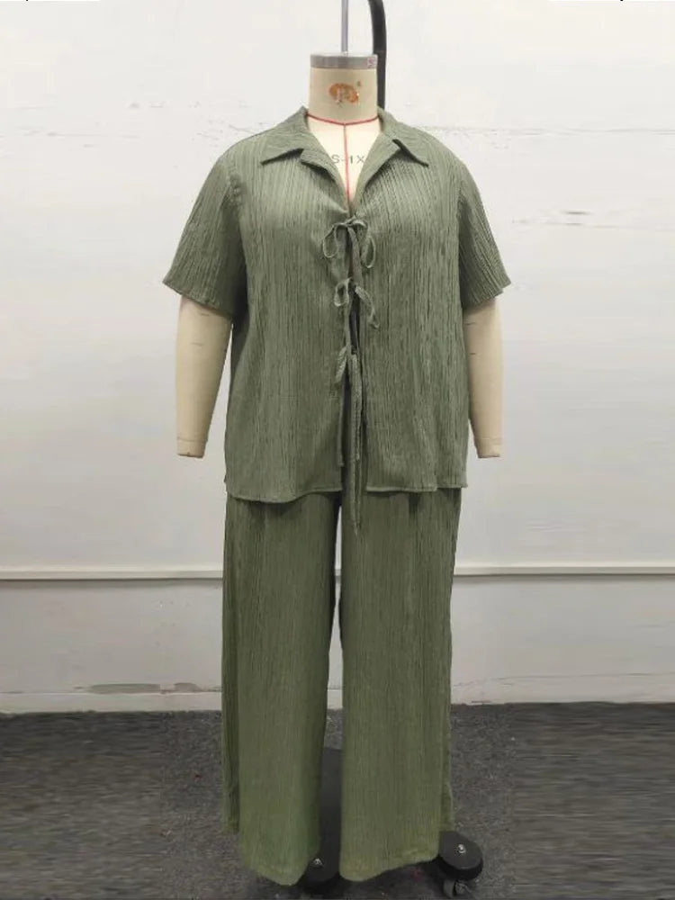 GIBSIE Plus Size Spring Summer Women Two Piece Set Loose Lace-up Shirt Top + Wide Leg Pants 2025 Female Casual 2 Piece Outfits
