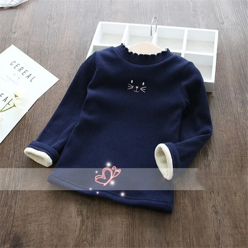 Fashion Girls Sweaters 2024 Winter Children Clothes Cartoon Kids Tops Warm Velvet Thick Kids Sweater Girls Outwear Sweater black