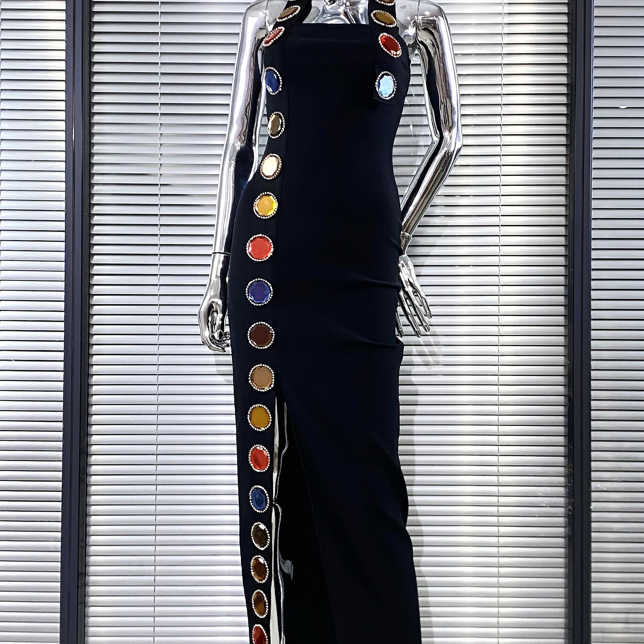 New Summer Special Design Shining Colorful Diamonds Sexy Halter Black Bandage Dress Woman Birthday Party Dress Club Party Outfit