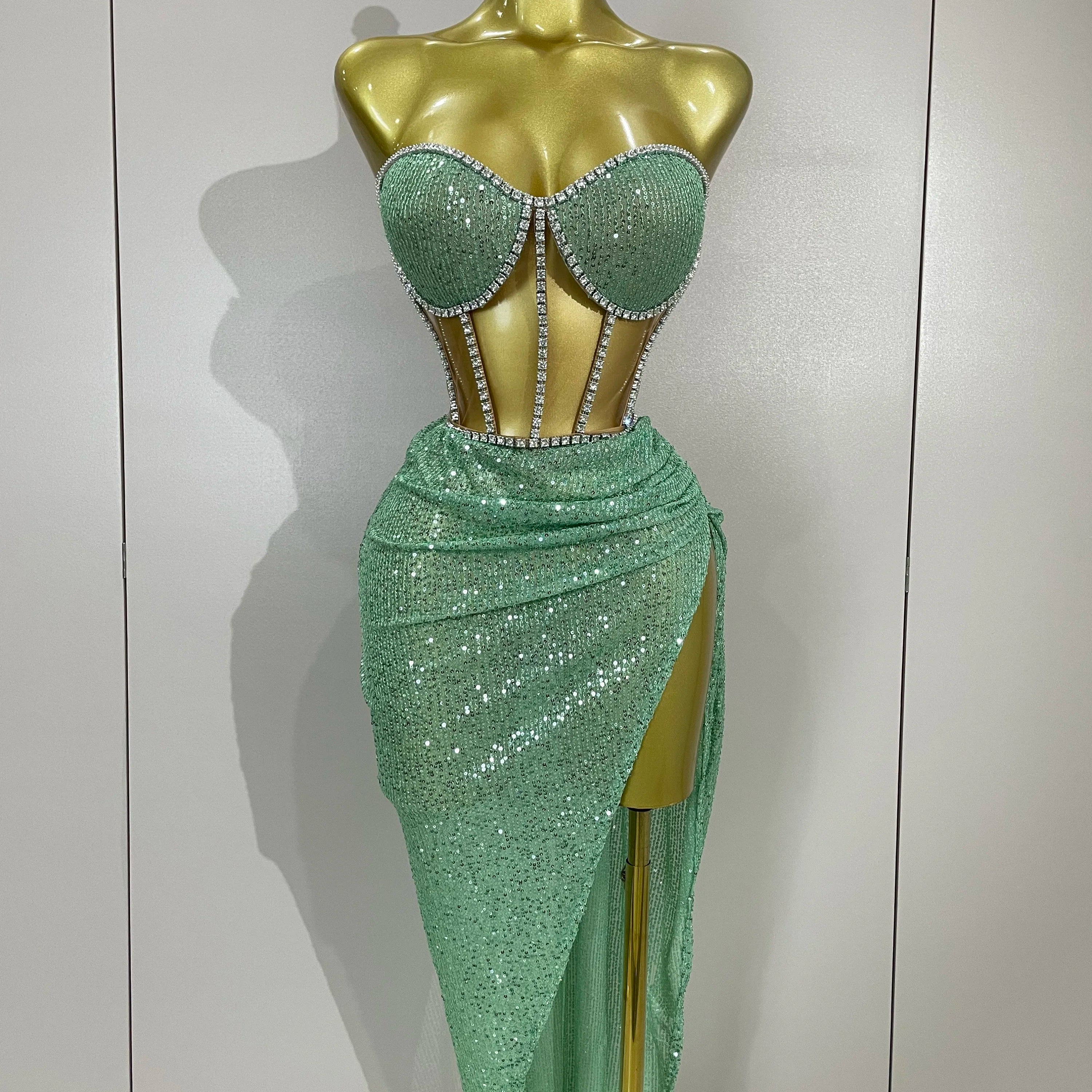 Sparkly Sequins Diamond Birthday Party Two Piece Set Evening Dress 2025 Women Sexy Singer Dancer NightClub Bar Performan Costume