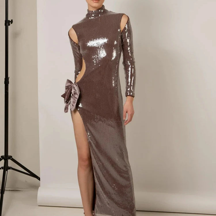 Brown Shinning Sequins Womne Long Sleeve Sexy Florals Bodycon Long Dress High Split Nightclub Party Celebrate Birthday Dress