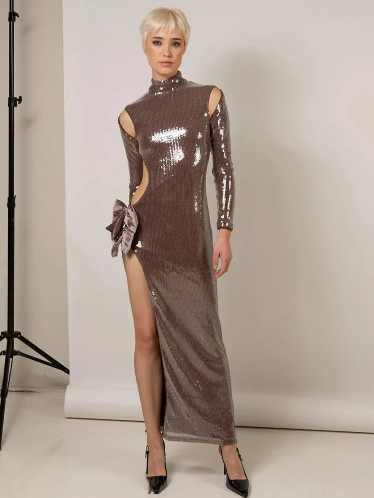 Brown Shinning Sequins Womne Long Sleeve Sexy Florals Bodycon Long Dress High Split Nightclub Party Celebrate Birthday Dress