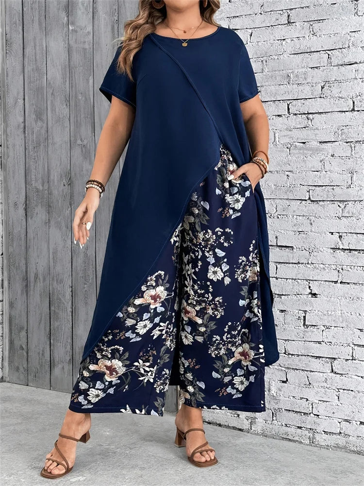 Wmstar Plus Size Two Piece Sets Women Wholesale Long Top and Print Wide Leg Summer Matching Suit Fashion Street Wear 2025