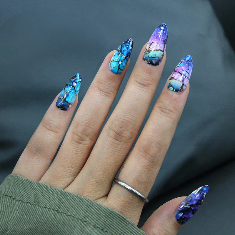 24Pcs Mid-length Almond Press on False Nails Blue Universe Fake Nail Art with Jelly Glue Reusable Finished Full Cover Nails Tips