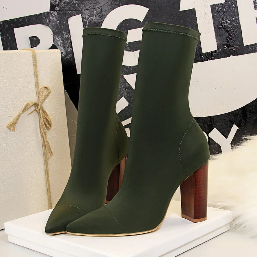 Women 10cm High Heels Silk Sock Boots Green Square Block Heels Ankle Boots Lady Spring Autumn Pointed Toe Satin Sexy Party Shoes Green-10cm