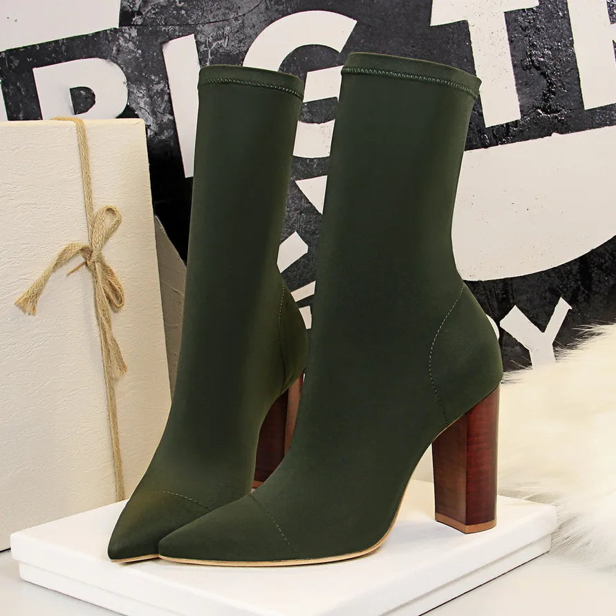 Women 10cm High Heels Silk Sock Boots Green Square Block Heels Ankle Boots Lady Spring Autumn Pointed Toe Satin Sexy Party Shoes Green-10cm