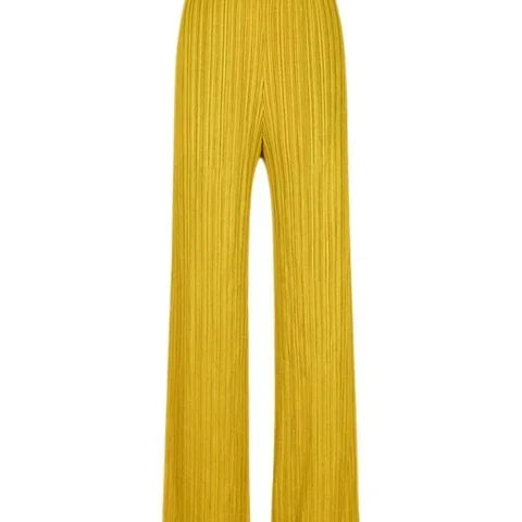 Spring Summer Autumn Women Casual Elegant Ladies Miyake Designer Casual Loose Straight Pleated Pants High Waist Trousers Yellow One Size